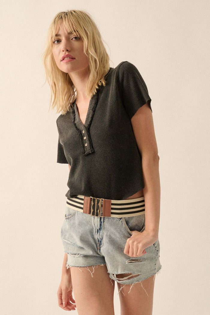 Casually Cool Waffle Knit Raw-Edge Henley Tee - ShopPromesa