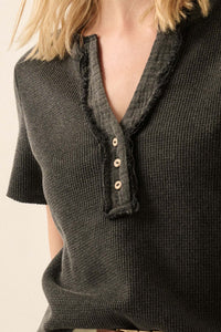 Casually Cool Waffle Knit Raw-Edge Henley Tee - ShopPromesa