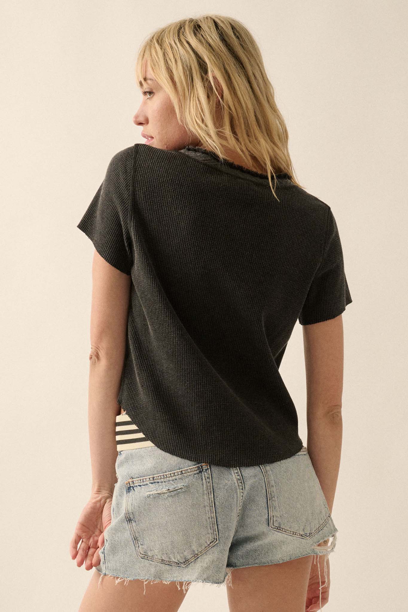 Casually Cool Waffle Knit Raw-Edge Henley Tee - ShopPromesa