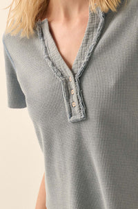 Casually Cool Waffle Knit Raw-Edge Henley Tee - ShopPromesa