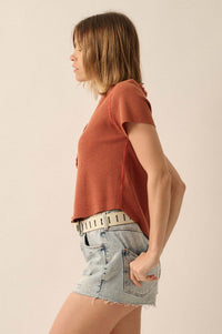 Casually Cool Waffle Knit Raw-Edge Henley Tee - ShopPromesa