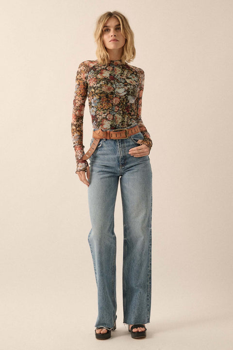 Autumn Blossoms Floral Mesh Mock-Neck Thumbhole Top - ShopPromesa