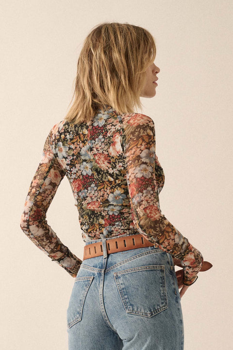 Autumn Blossoms Floral Mesh Mock-Neck Thumbhole Top - ShopPromesa