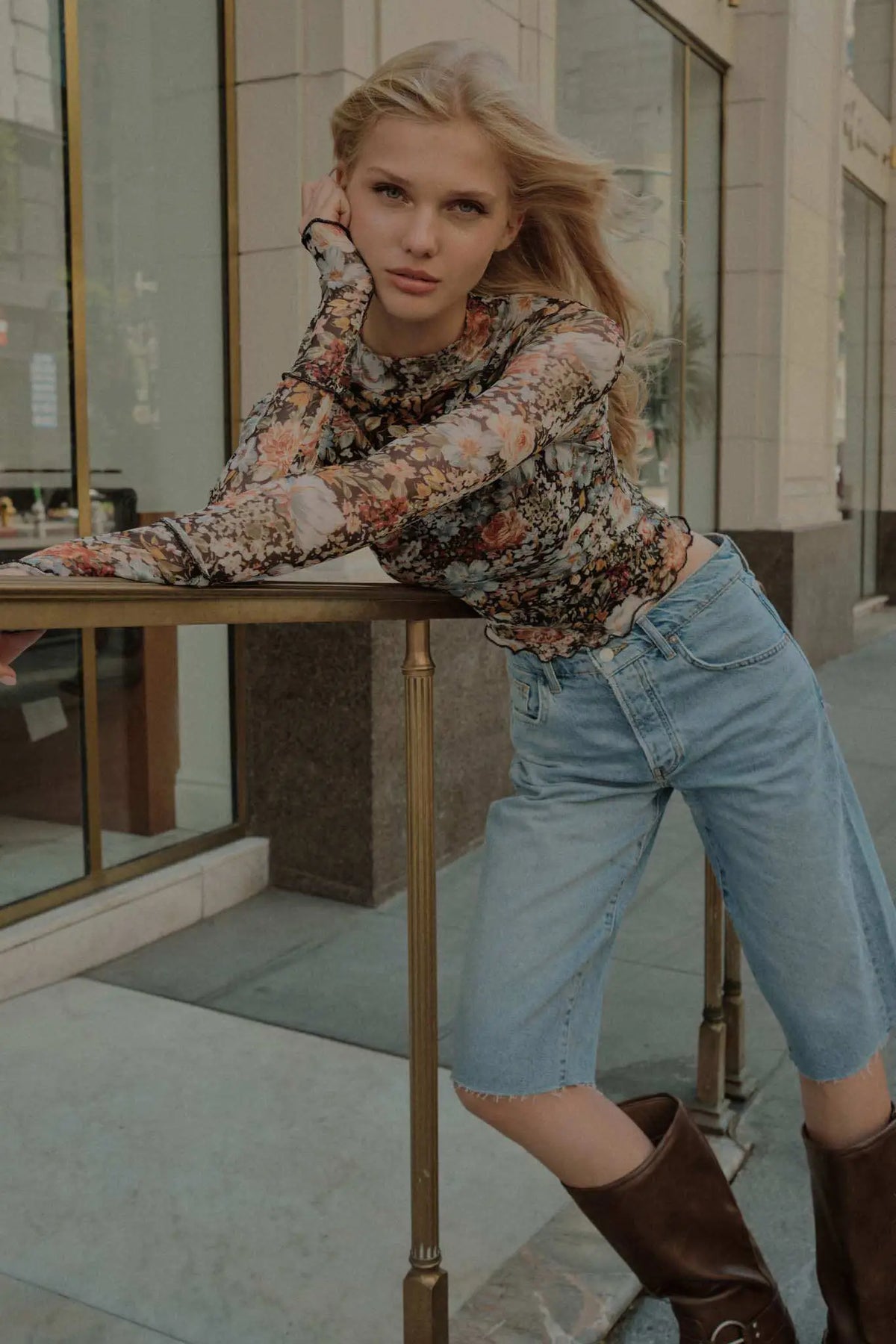 Autumn Blossoms Floral Mesh Mock-Neck Thumbhole TopBlack / S