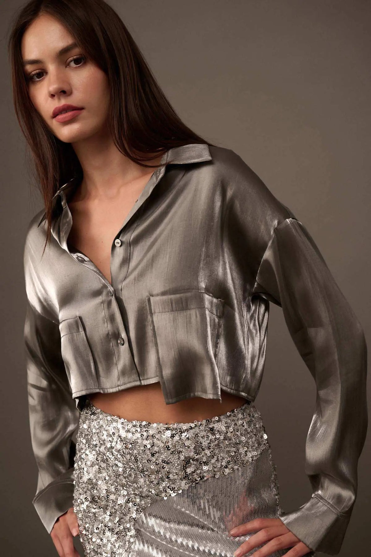 Silver Screen Metallic Lamé Cropped Shirt | ShopPromesa