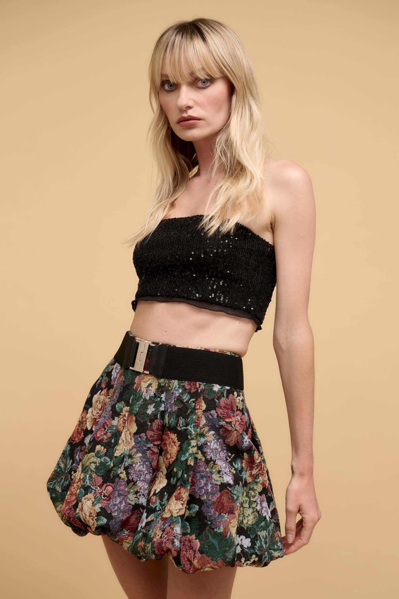 Up All Night Ruffle-Trim Sequin Tube Top