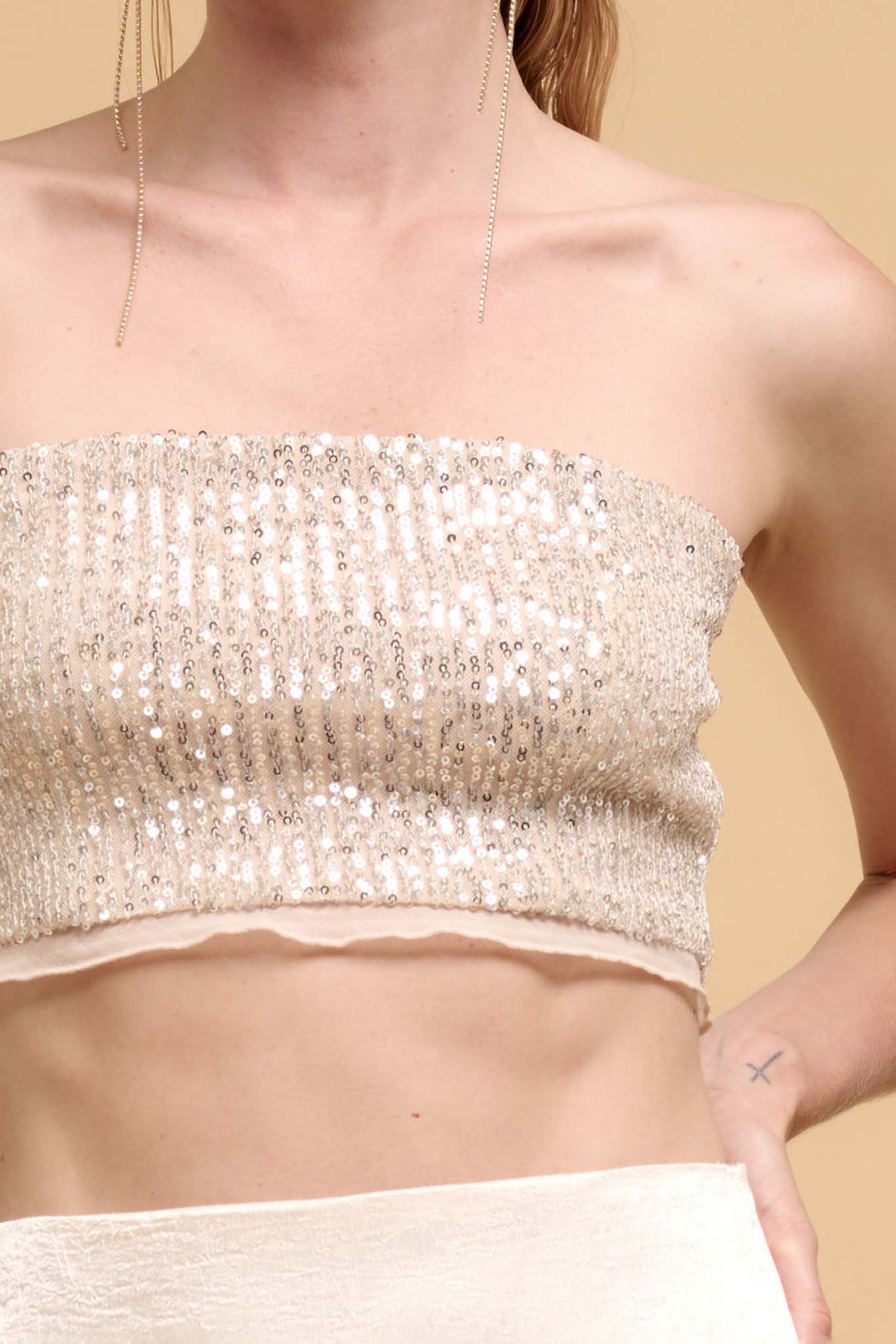 Up All Night Ruffle-Trim Sequin Tube Top