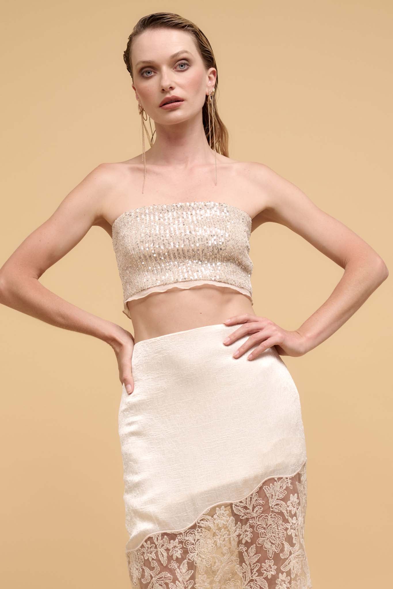 Up All Night Ruffle-Trim Sequin Tube Top