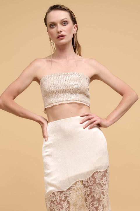 Up All Night Ruffle-Trim Sequin Tube Top