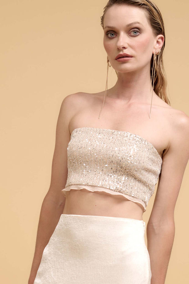 Up All Night Ruffle-Trim Sequin Tube Top