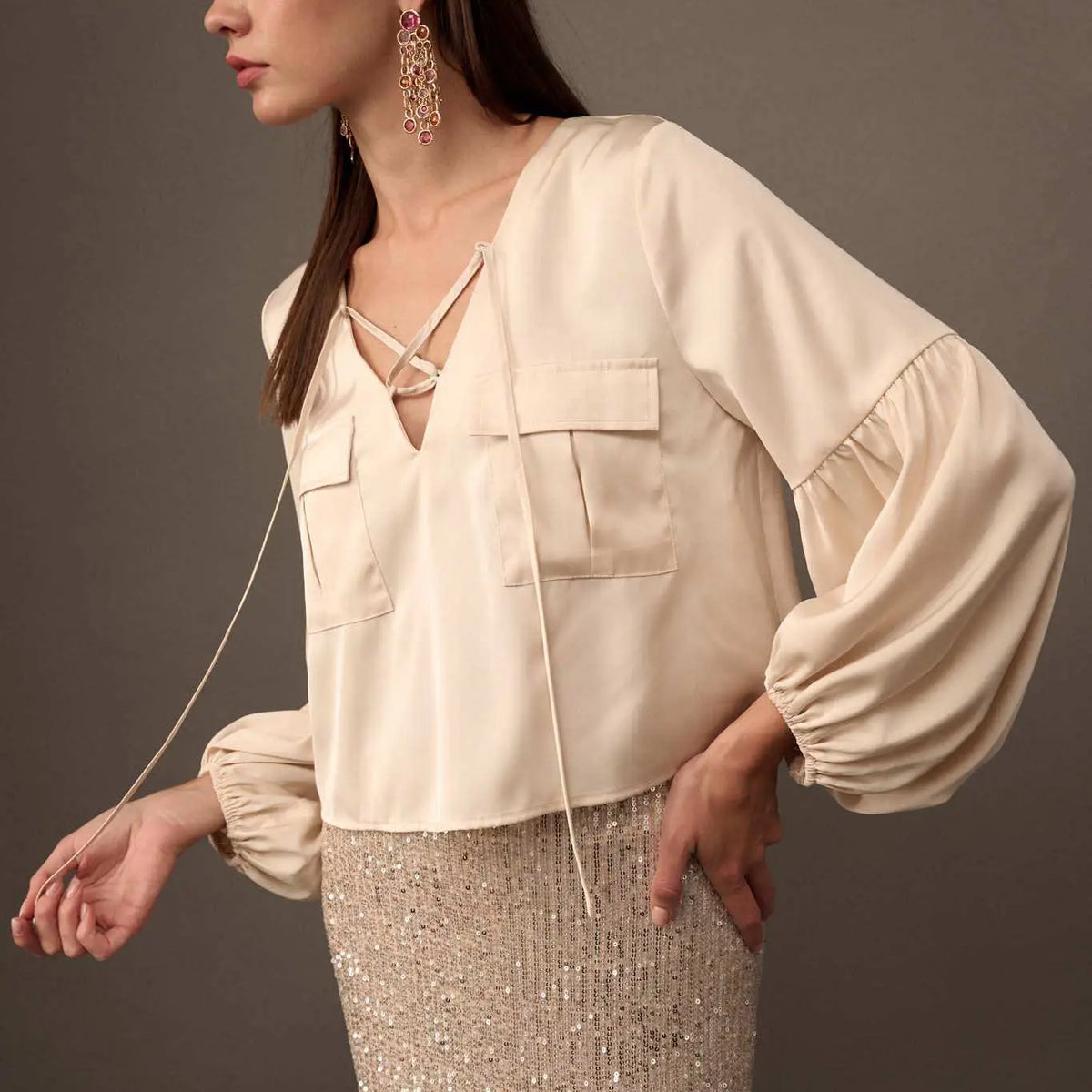 Touch of Silk Matte Satin Lace-Up Peasant Top