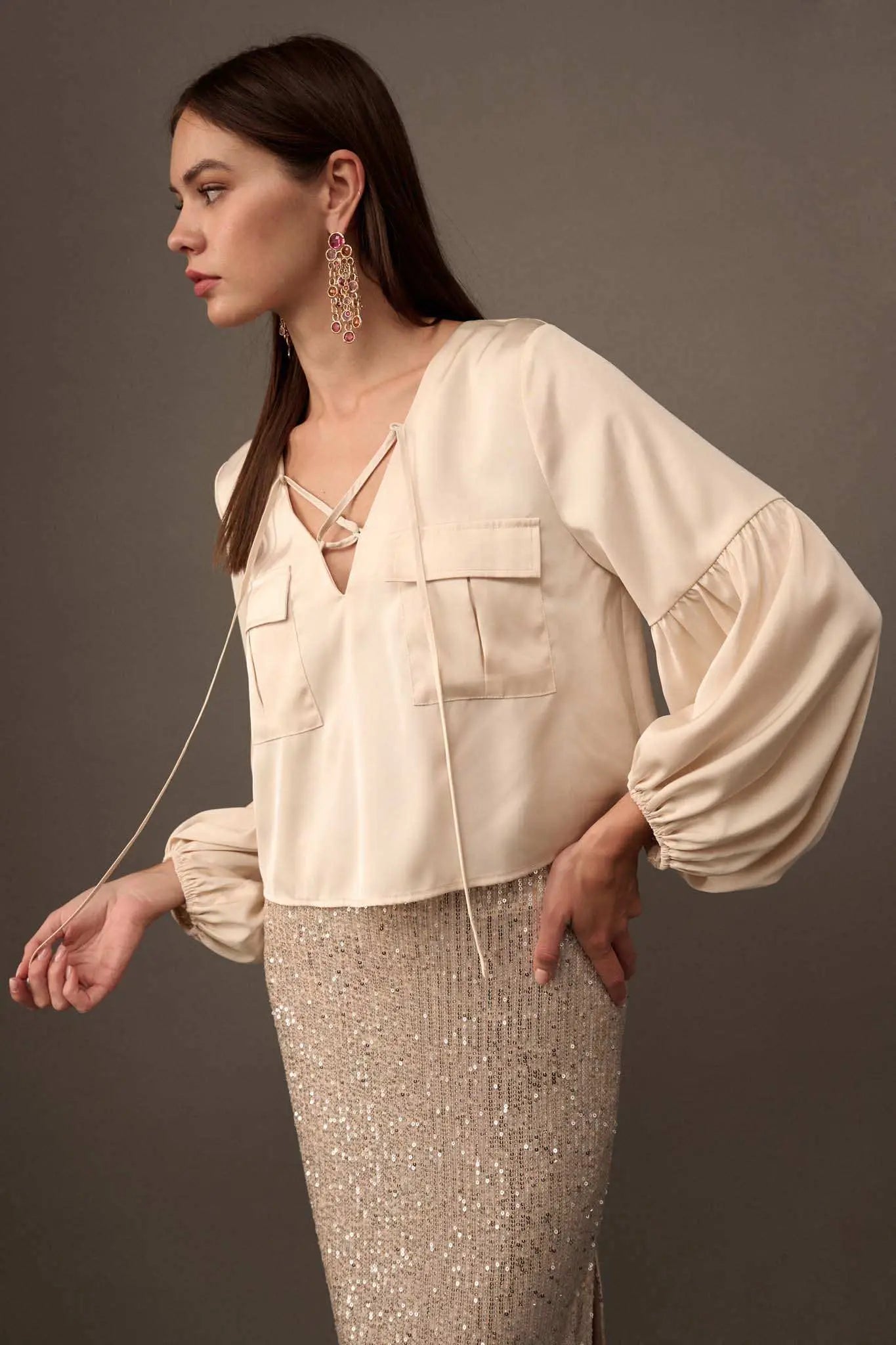 Touch of Silk Matte Satin Lace-Up Peasant Top | ShopPromesa