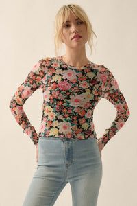 Bold Blossoms Floral Mesh Long-Sleeve Top - ShopPromesa