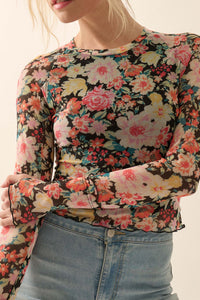 Bold Blossoms Floral Mesh Long-Sleeve Top - ShopPromesa