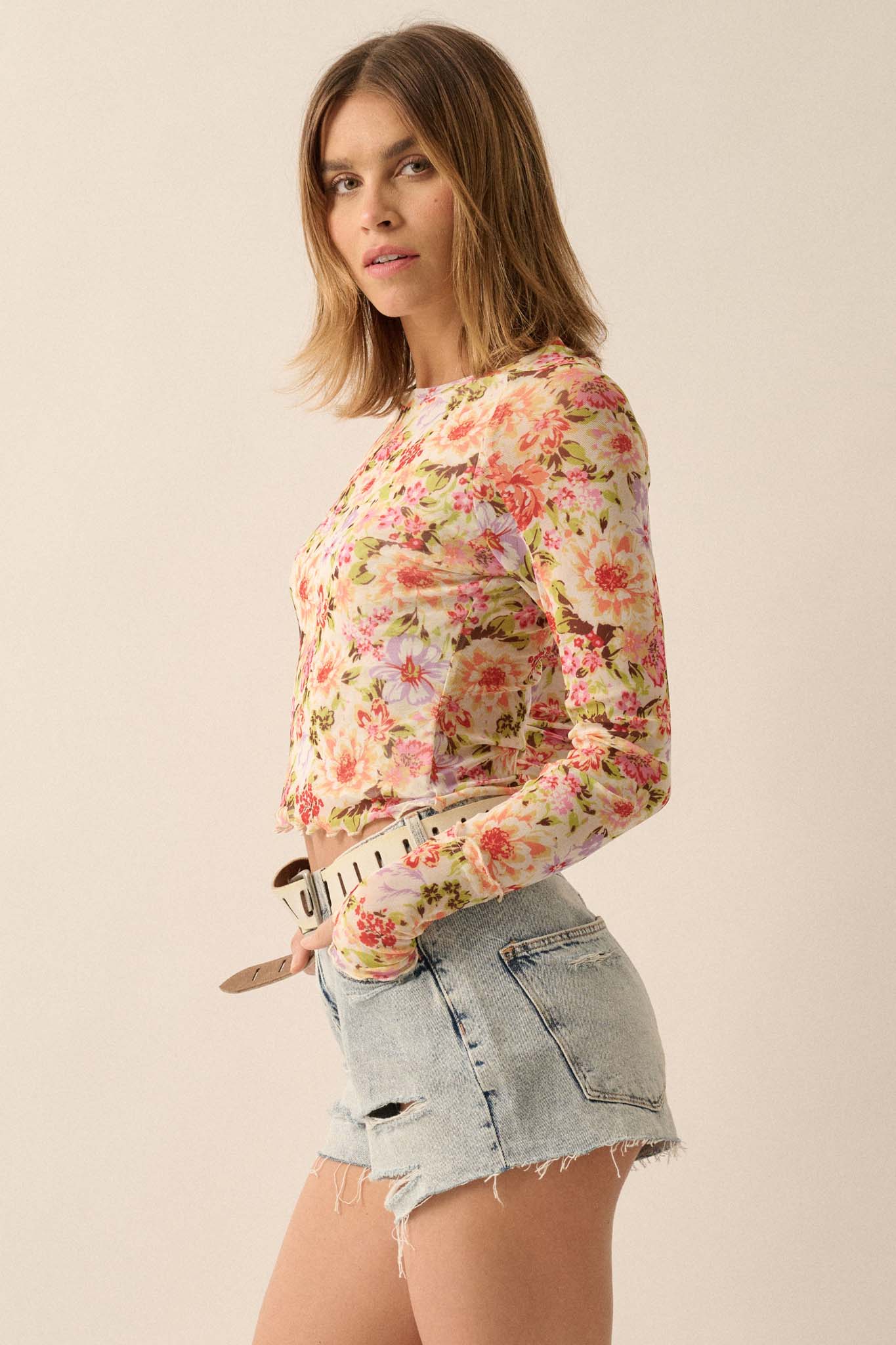 Bold Blossoms Floral Mesh Long-Sleeve Top - ShopPromesa