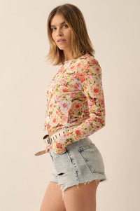 Bold Blossoms Floral Mesh Long-Sleeve Top - ShopPromesa