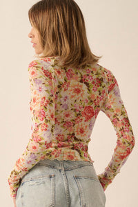 Bold Blossoms Floral Mesh Long-Sleeve Top - ShopPromesa