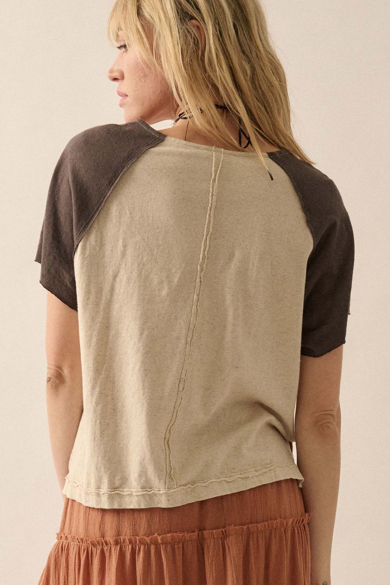 Easy Fit Cropped Raw-Edge Henley Raglan Tee - ShopPromesa