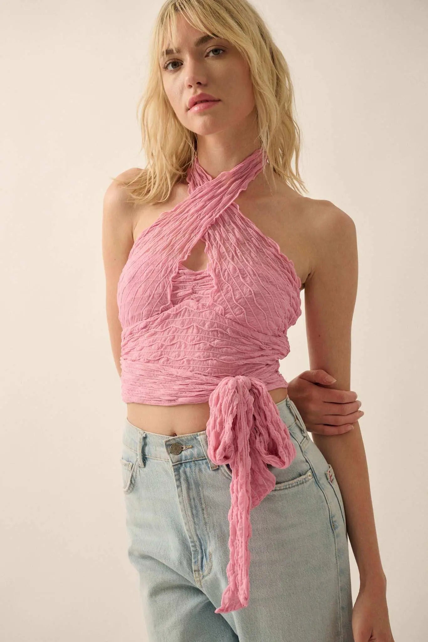 Shock Wave Ruched Mesh Cross-Front Wrap Halter Top | ShopPromesa Shock Wave Ruched Mesh Cross-Front Wrap Halter Top | ShopPromesa