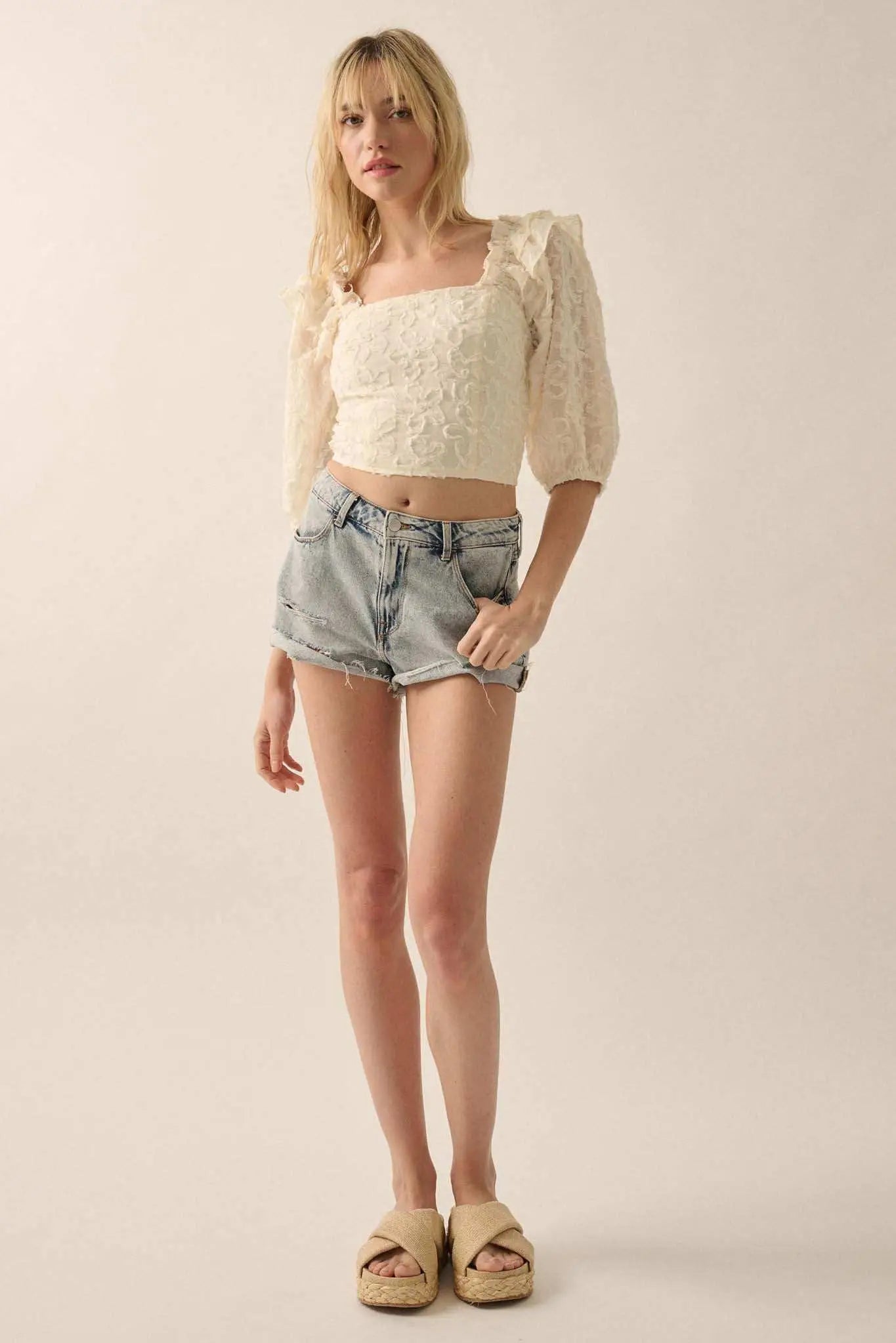 Sitting Pretty Floral Ribbon Lace Puff-Sleeve Top - ShopPromesa