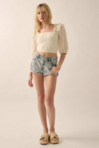 Sitting Pretty Floral Ribbon Lace Puff-Sleeve Top - ShopPromesa