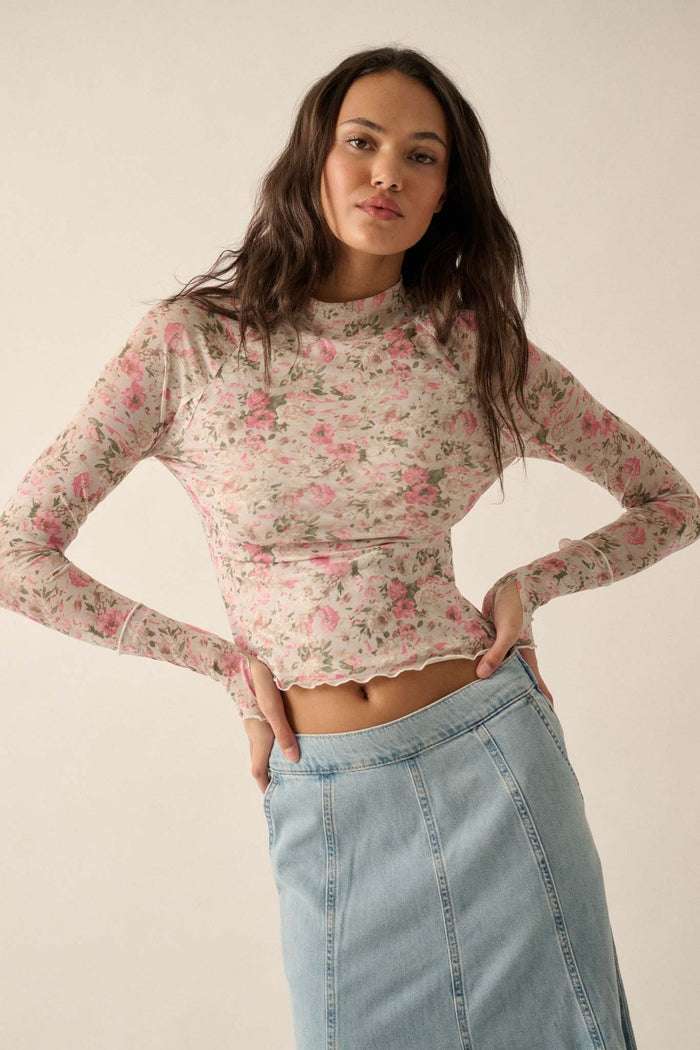 Every Rose Floral Mesh Long-Sleeve Mock-Neck Top - ShopPromesa