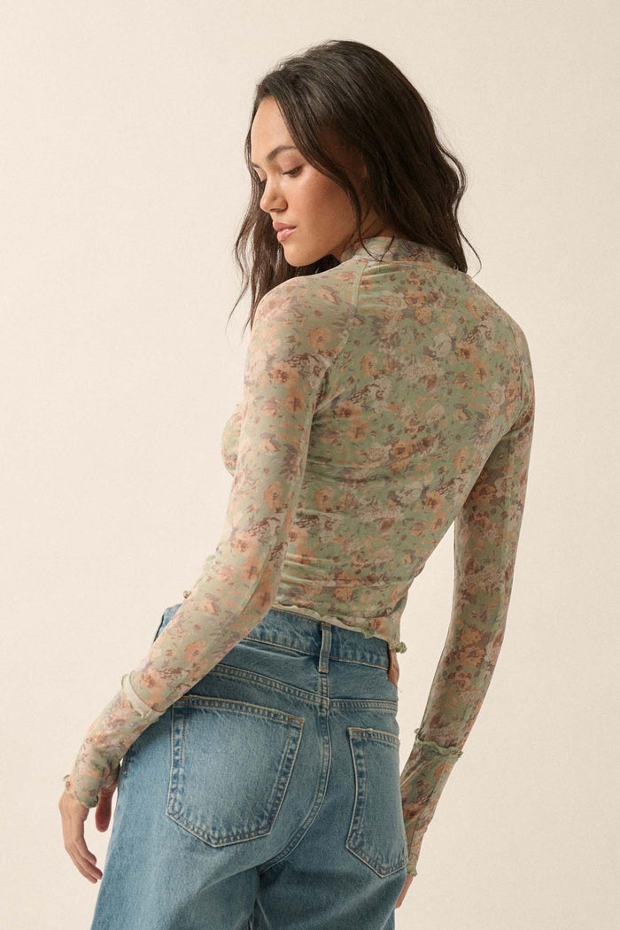 Every Rose Floral Mesh Long-Sleeve Mock-Neck Top - ShopPromesa