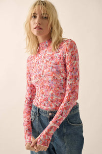 Color Pop Floral Mesh Mock-Neck Thumbhole Top - ShopPromesa