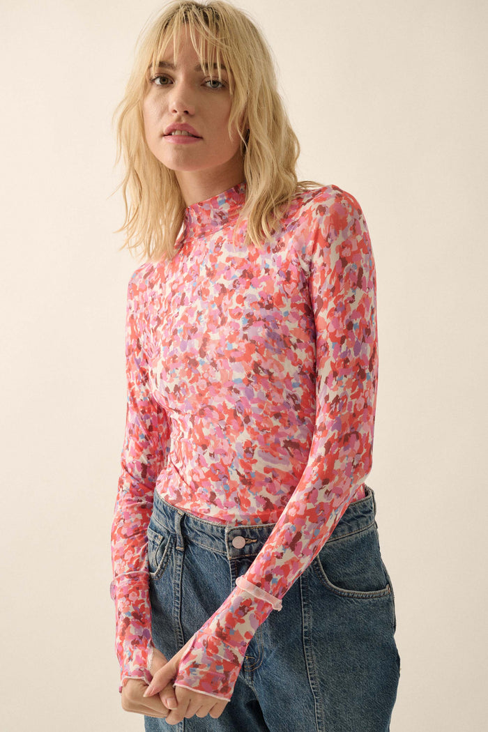 Color Pop Floral Mesh Mock-Neck Thumbhole Top - ShopPromesa