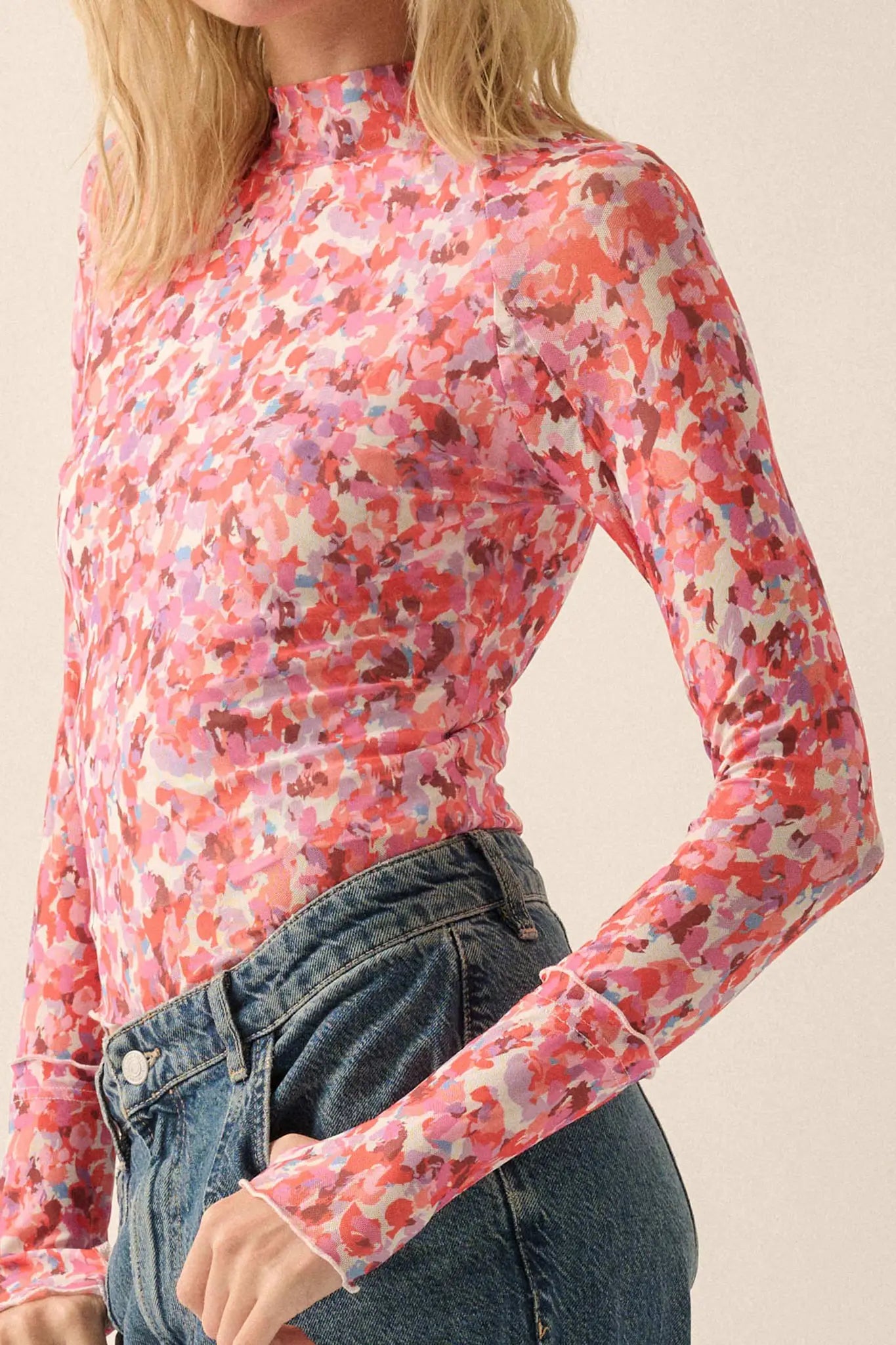 Color Pop Floral Mesh Mock-Neck Thumbhole Top - ShopPromesa
