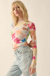 Flower Pop Floral Mesh Long-Sleeve Mock-Neck Top - ShopPromesa