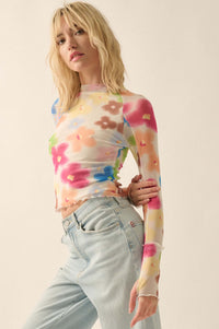 Flower Pop Floral Mesh Long-Sleeve Mock-Neck Top - ShopPromesa