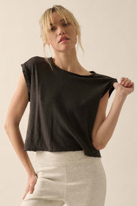 Easy Fit Cropped Raw-Edge Cap-Sleeve Muscle Tee - ShopPromesa