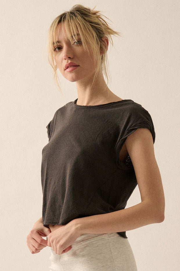 Easy Fit Cropped Raw-Edge Cap-Sleeve Muscle Tee - ShopPromesa