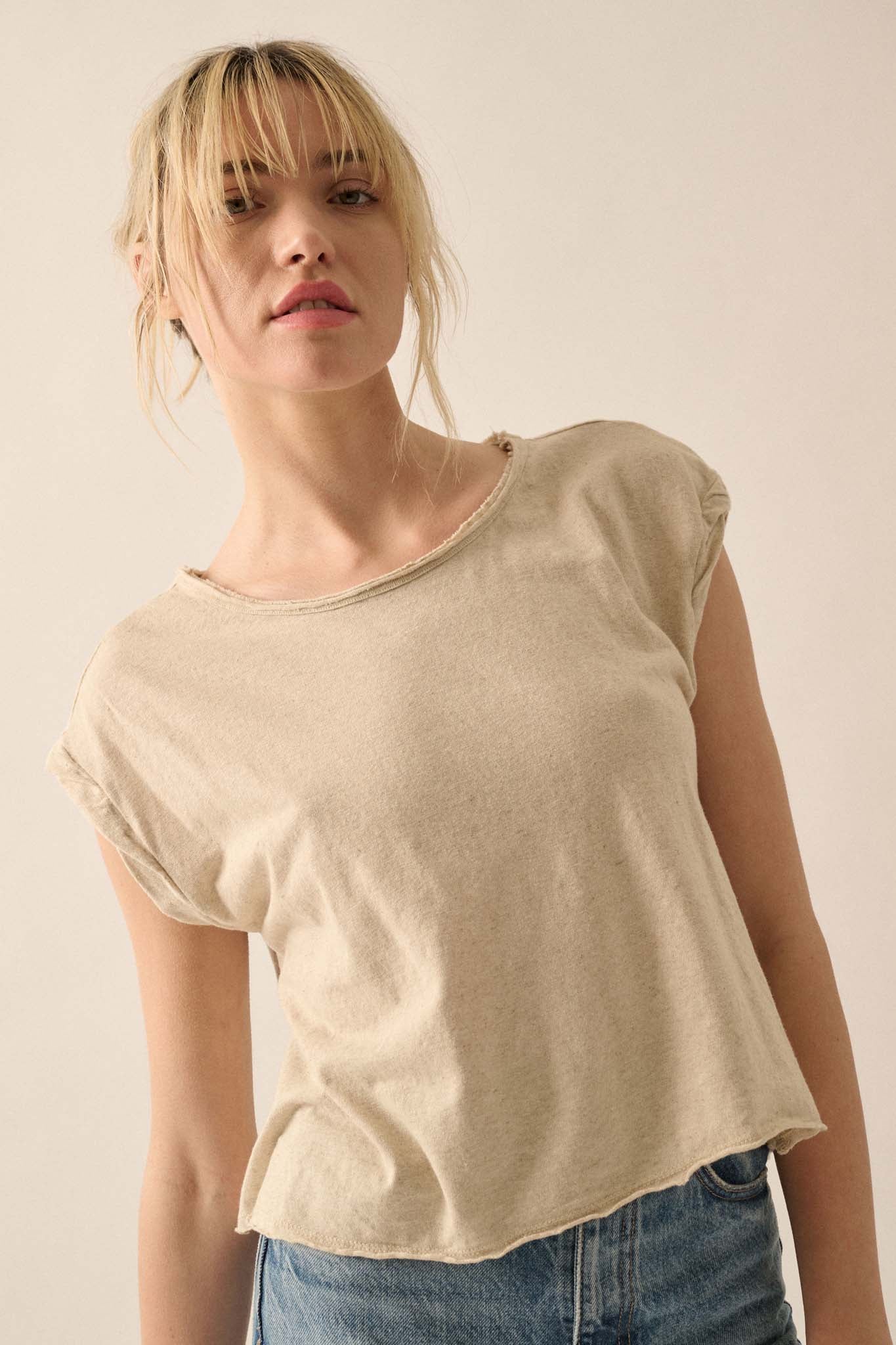 Easy Fit Cropped Raw-Edge Cap-Sleeve Muscle Tee - ShopPromesa