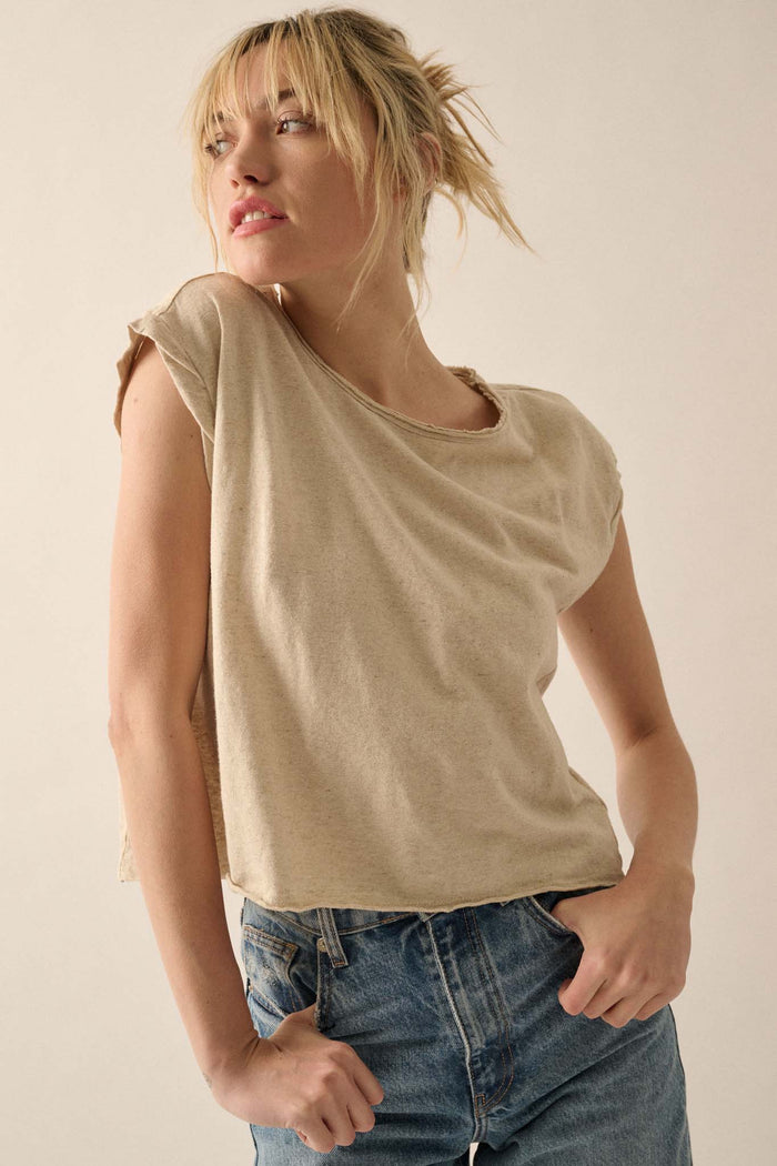 Easy Fit Cropped Raw-Edge Cap-Sleeve Muscle Tee - ShopPromesa