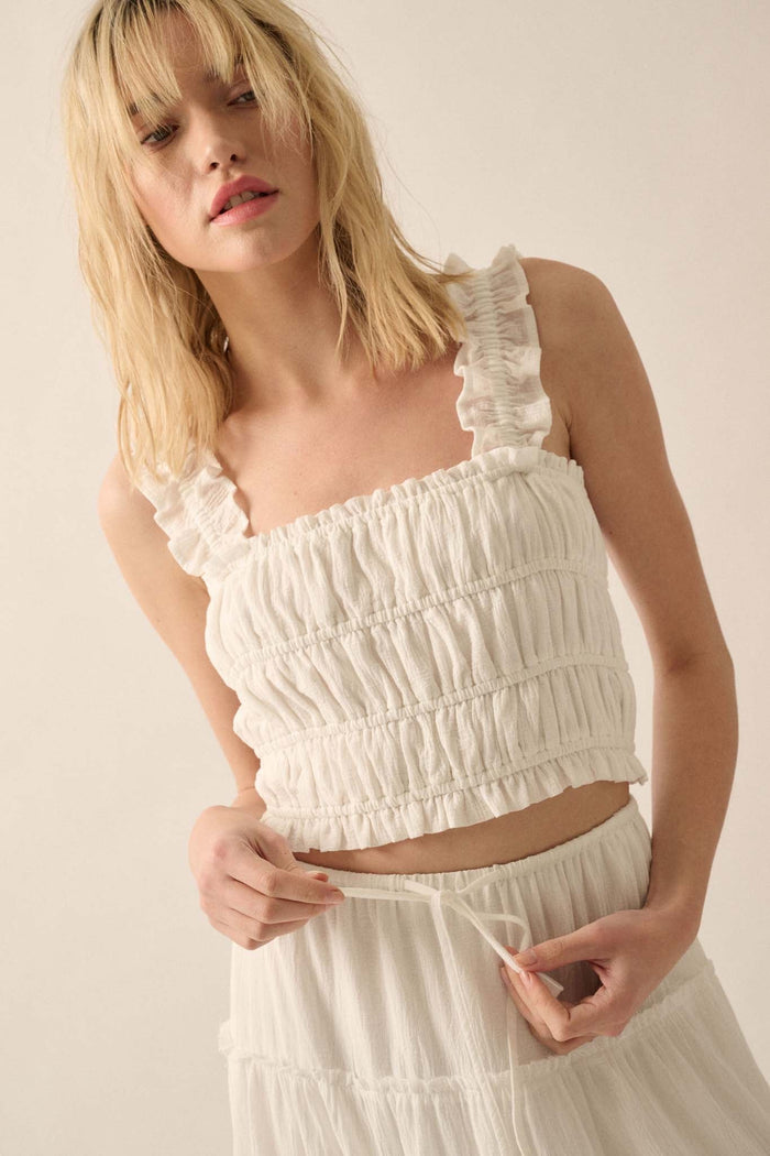 Sandy Shores Smocked Ruffle Cropped Cami Top - ShopPromesa