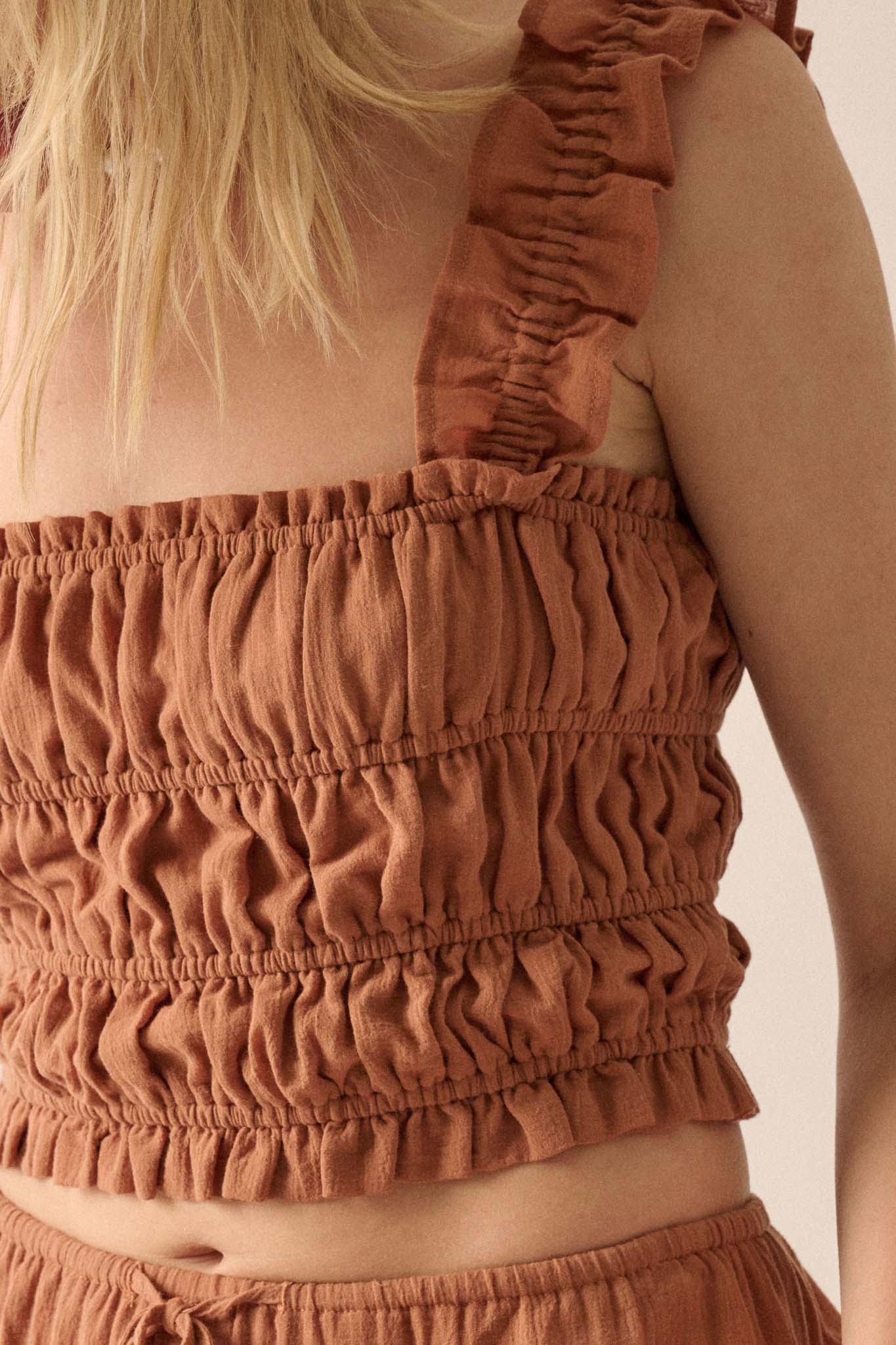 Sandy Shores Smocked Ruffle Cropped Cami Top - ShopPromesa