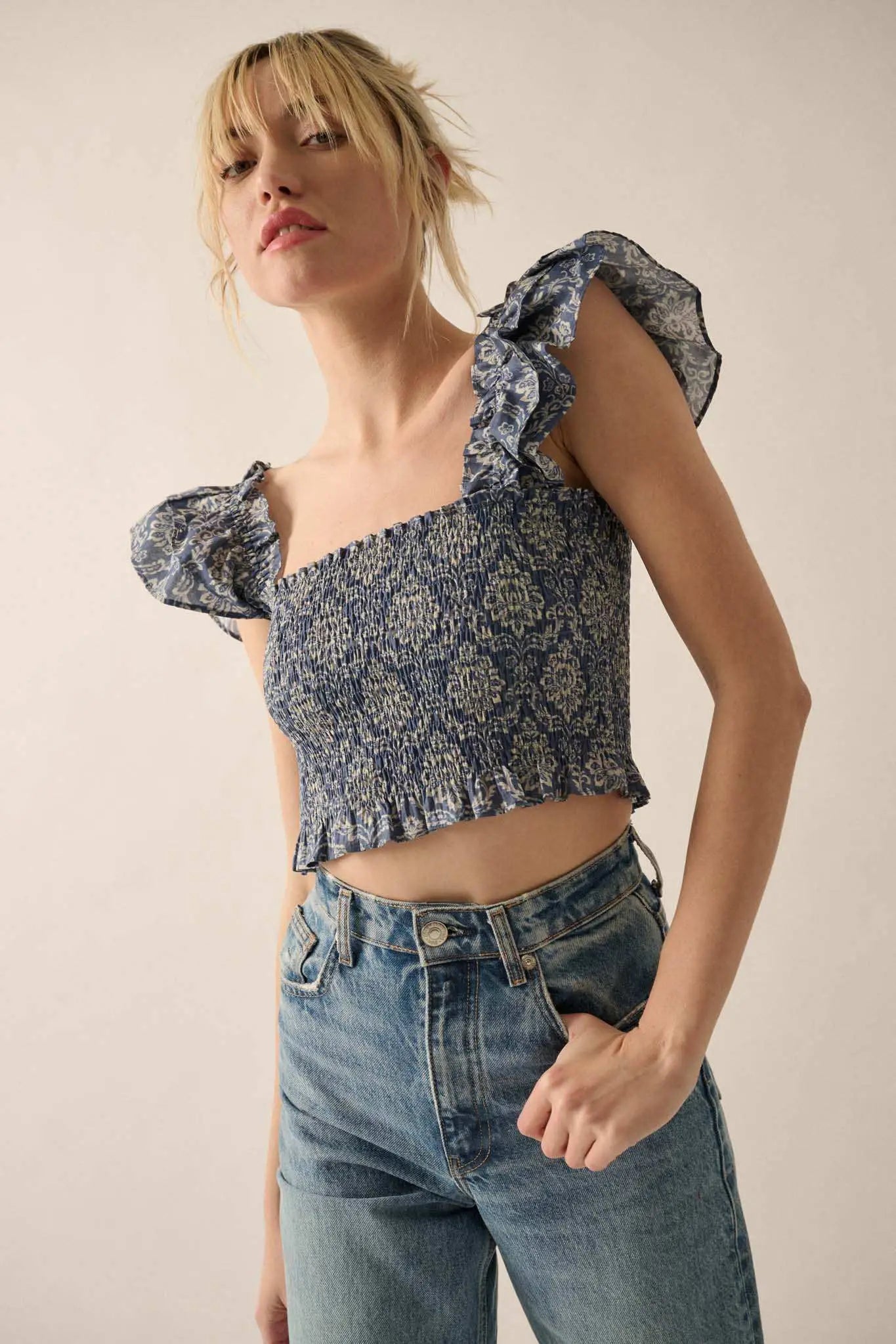 Blue Ruffle Crop Top Extravagant Blooms Smocked Floral Ruffle Crop Top