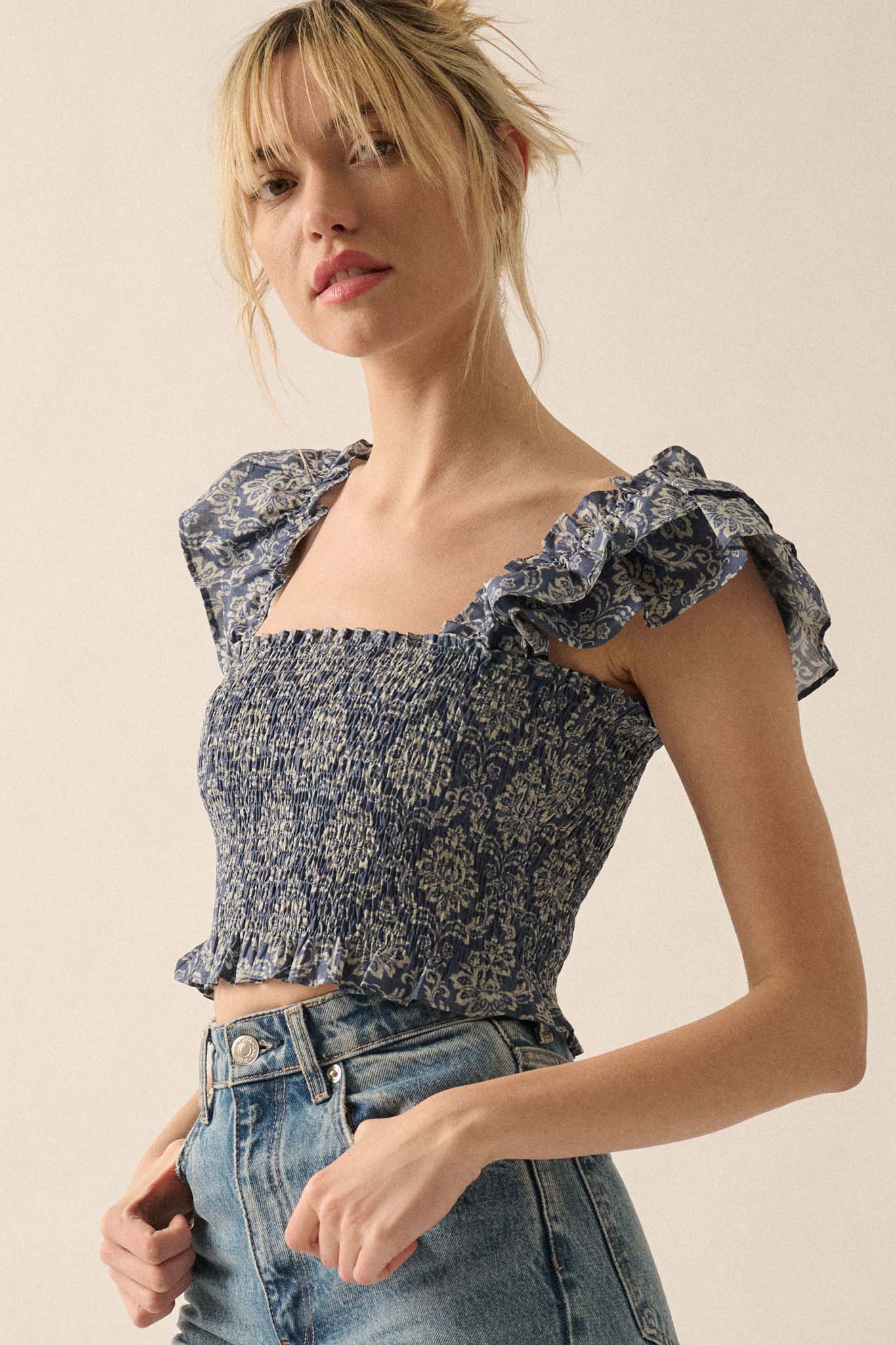 Extravagant Blooms Smocked Floral Ruffle Crop Top - ShopPromesa