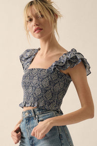 Extravagant Blooms Smocked Floral Ruffle Crop Top - ShopPromesa