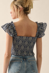 Extravagant Blooms Smocked Floral Ruffle Crop Top - ShopPromesa