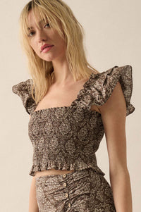 Extravagant Blooms Smocked Floral Ruffle Crop Top - ShopPromesa