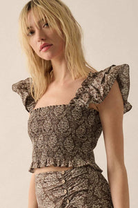 Extravagant Blooms Smocked Floral Ruffle Crop Top - ShopPromesa