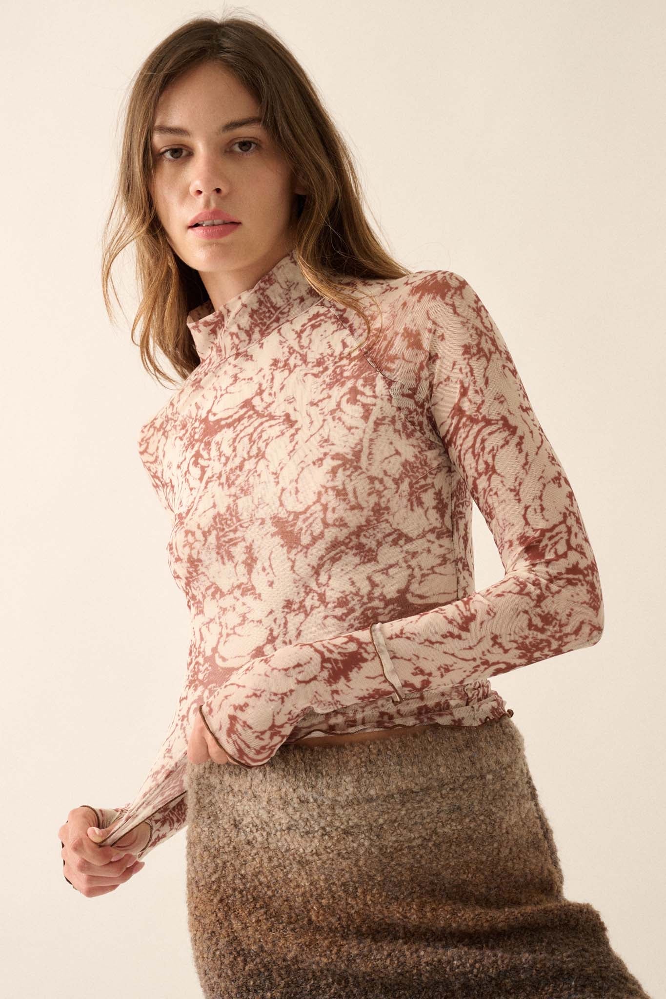 Radiant Roses Floral Mesh Mock-Neck Thumbhole Top - ShopPromesa