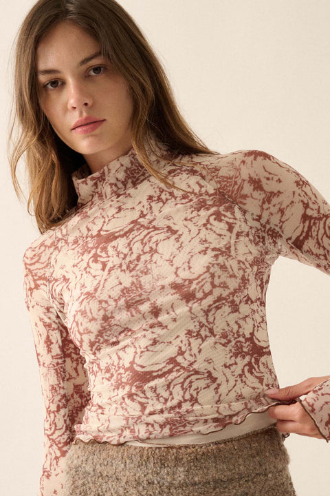 Radiant Roses Floral Mesh Mock-Neck Thumbhole Top - ShopPromesa