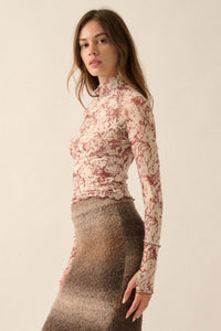 Radiant Roses Floral Mesh Mock-Neck Thumbhole Top - ShopPromesa