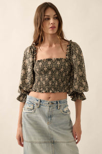 Timeless Beauty Ornate Floral Cropped Peasant Top - ShopPromesa