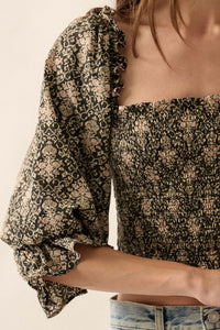 Timeless Beauty Ornate Floral Cropped Peasant Top - ShopPromesa