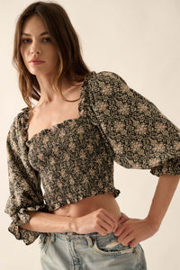 Timeless Beauty Ornate Floral Cropped Peasant Top - ShopPromesa